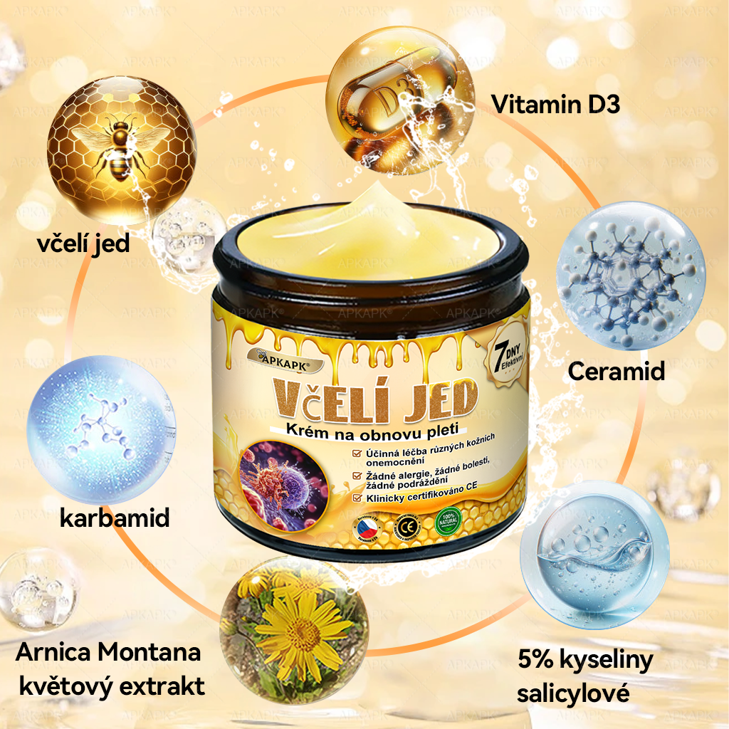 🐝Dermatologicky a klinicky testováno👩‍⚕️🐝APKAPK®Bee Venom Krém na obnovení pleti🐝 pomáhá při léčbě kožních problémů, jako jsou: vrásky, jizvy, pigmentové skvrny, strie, akné, psoriáza, ekzém, kožní změny, podráždění, záněty a další kožní problémy.